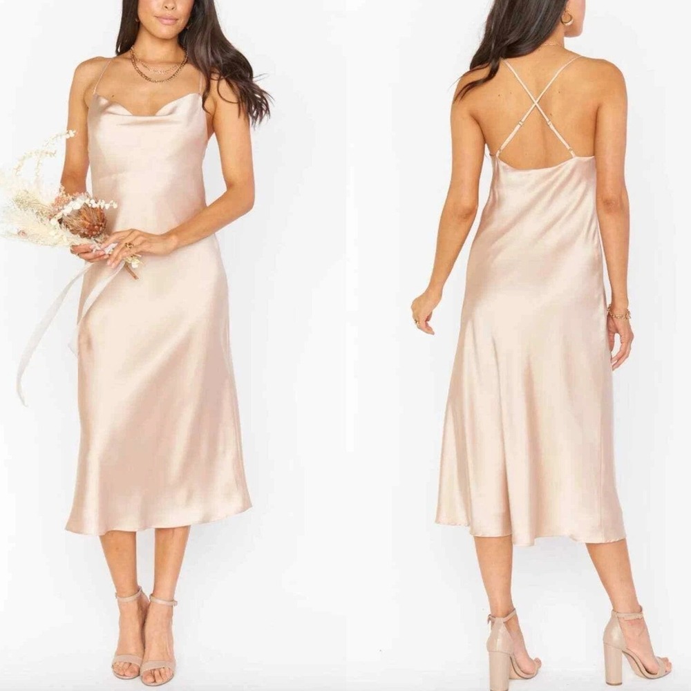 Show Me Your Mumu L Verona Champagne Beige Satin Slip Dress Cowl Midi Wedding